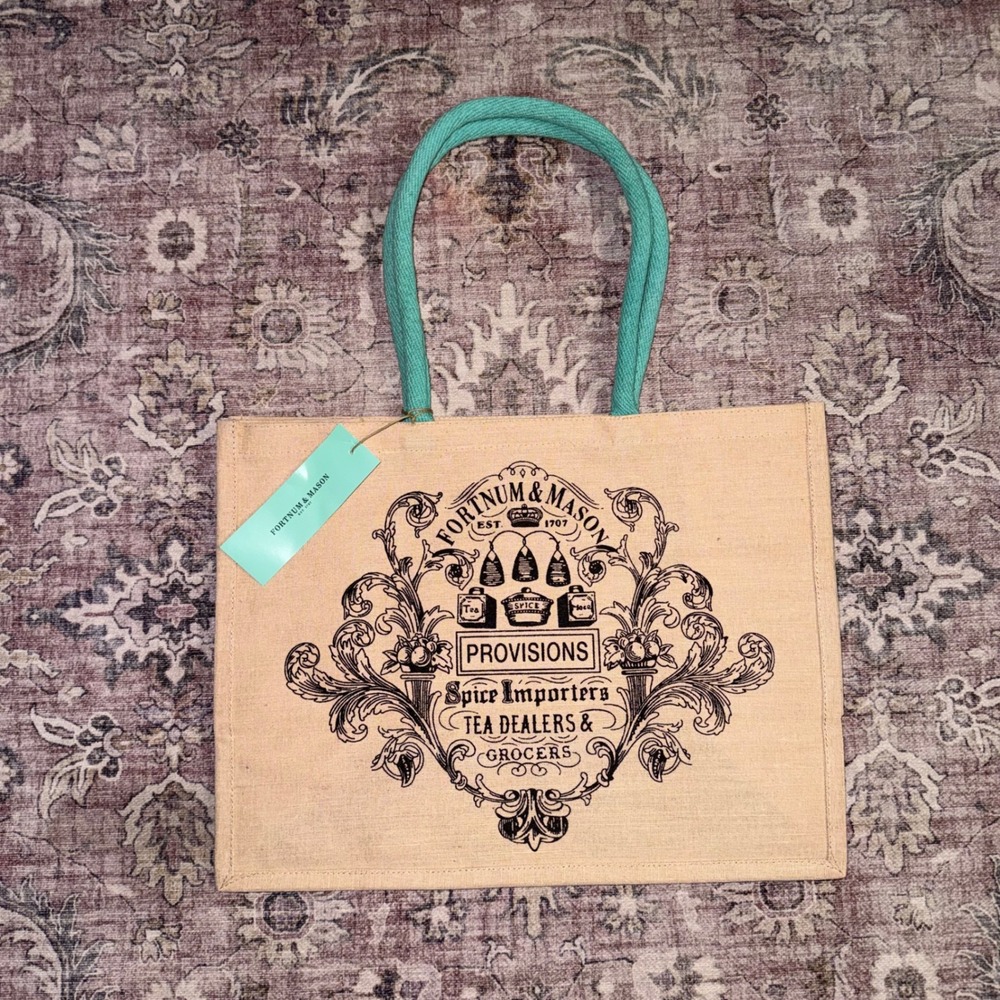 Fortnum & Mason Provisions Juco Tote Bag For Life Teal Handles Reusable NEW